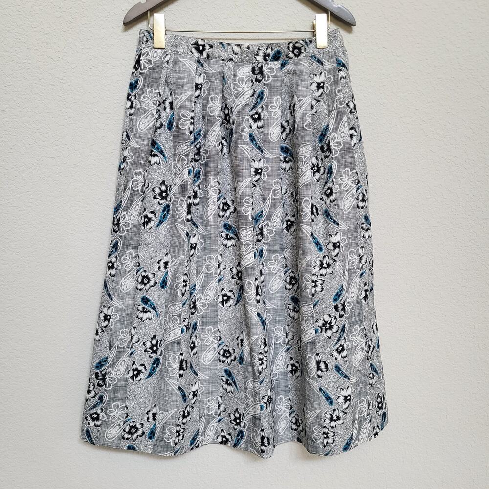 Pykettes Vintage Skirt Womens Large 12  Floral Paisley A Line Black White Midi